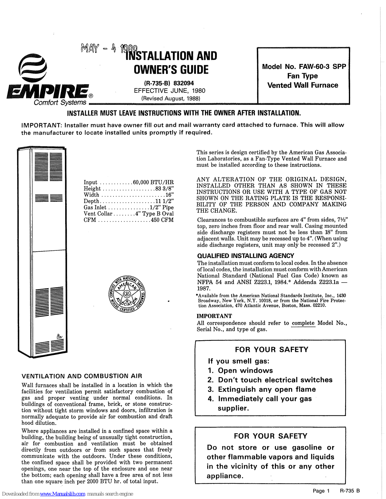 Empire Comfort Systems FAW-60-3 SPP Installation And Owner's Manual