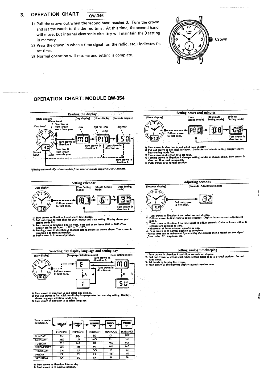 Casio QW-354, QW-346 Manual