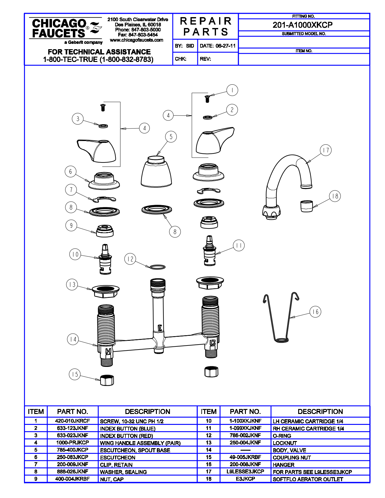 Chicago Faucet 201-A1000XKCP Parts List