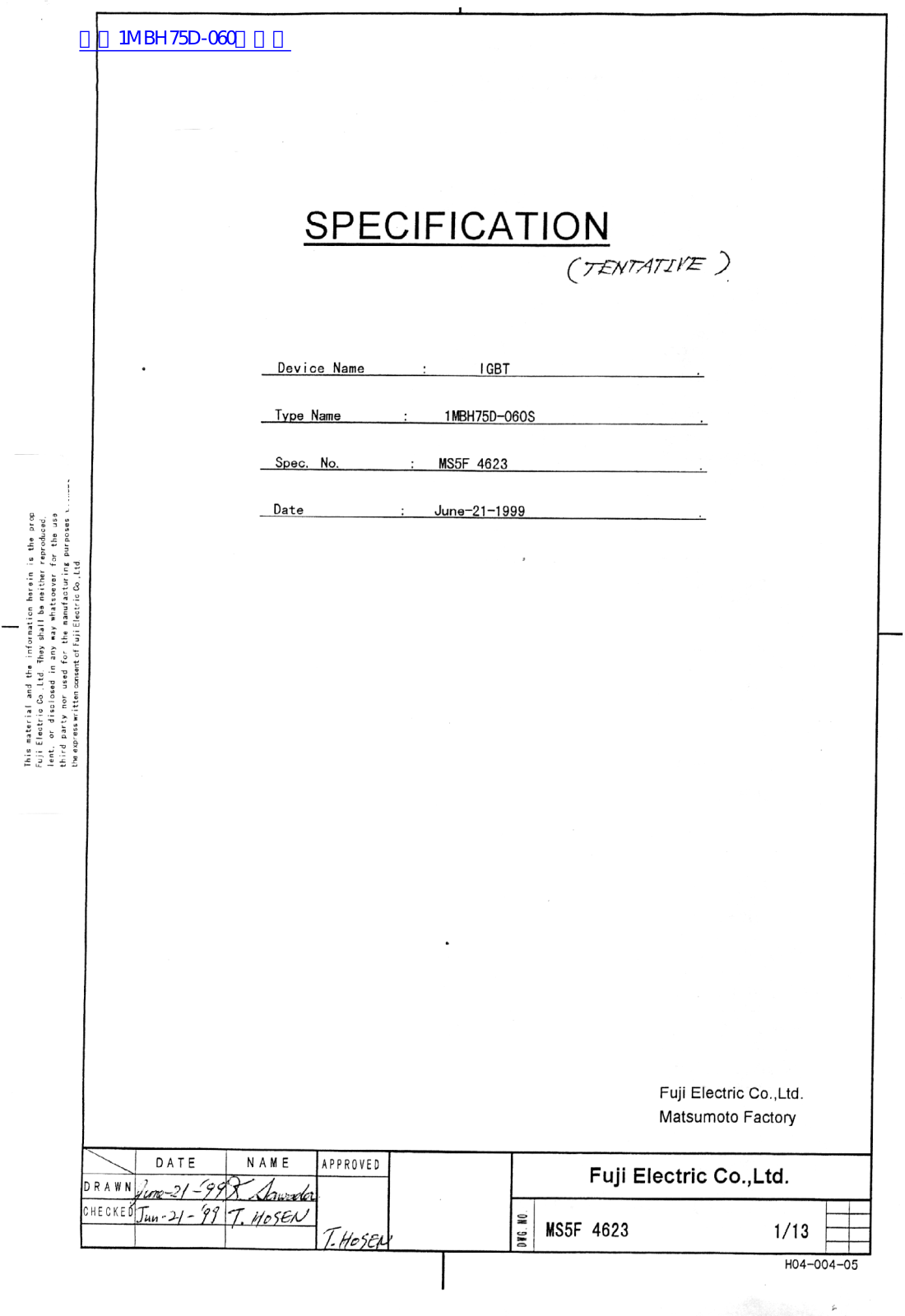 FUJI ELECTRIC 1MBH75D-060S SPECIFICATION