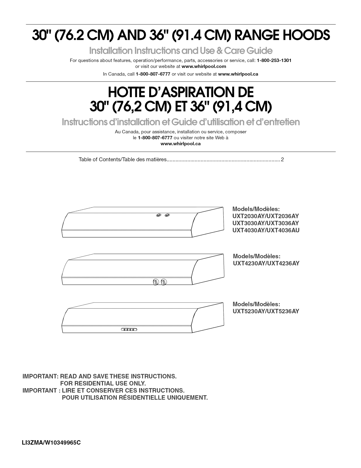 Whirlpool UXT4230AYT0, UXT4230AYW0, UXT4036AYW0, UXT3030AYW0, UXT4236AYB0 Owner’s Manual