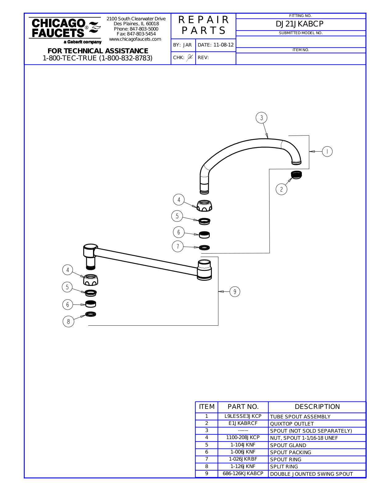 Chicago Faucet DJ21JKABCP Parts List