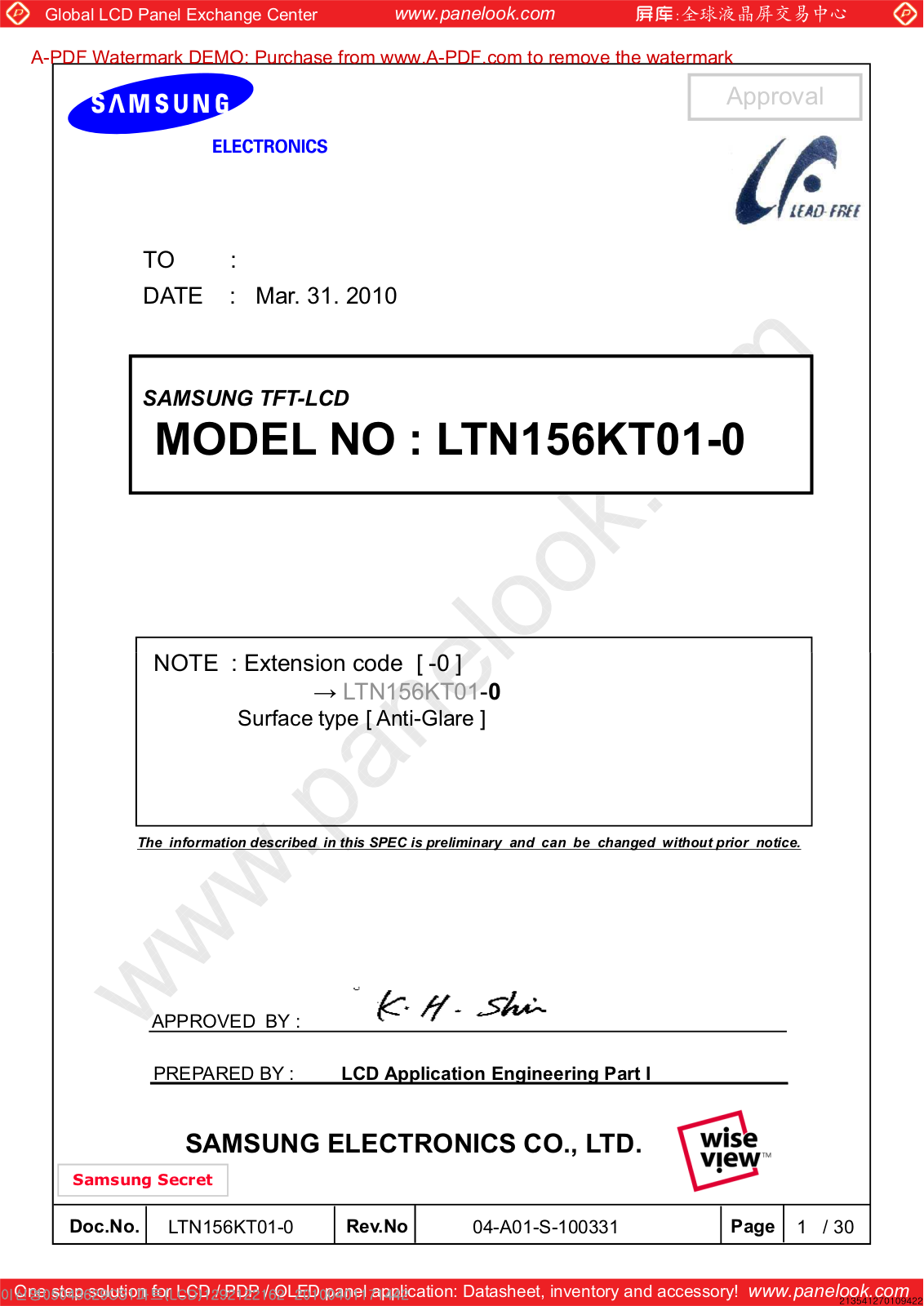 SAMSUNG LTN156KT01-003, LTN156KT01-001 Specification