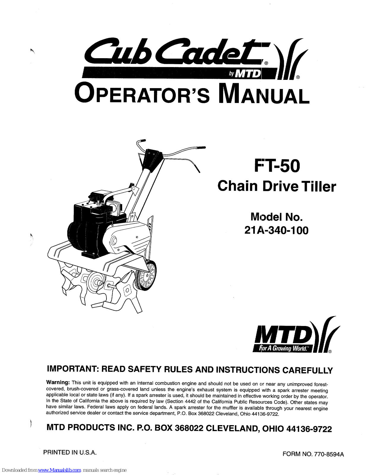 Cub Cadet FT-50, 21A-340-100 Operator's Manual