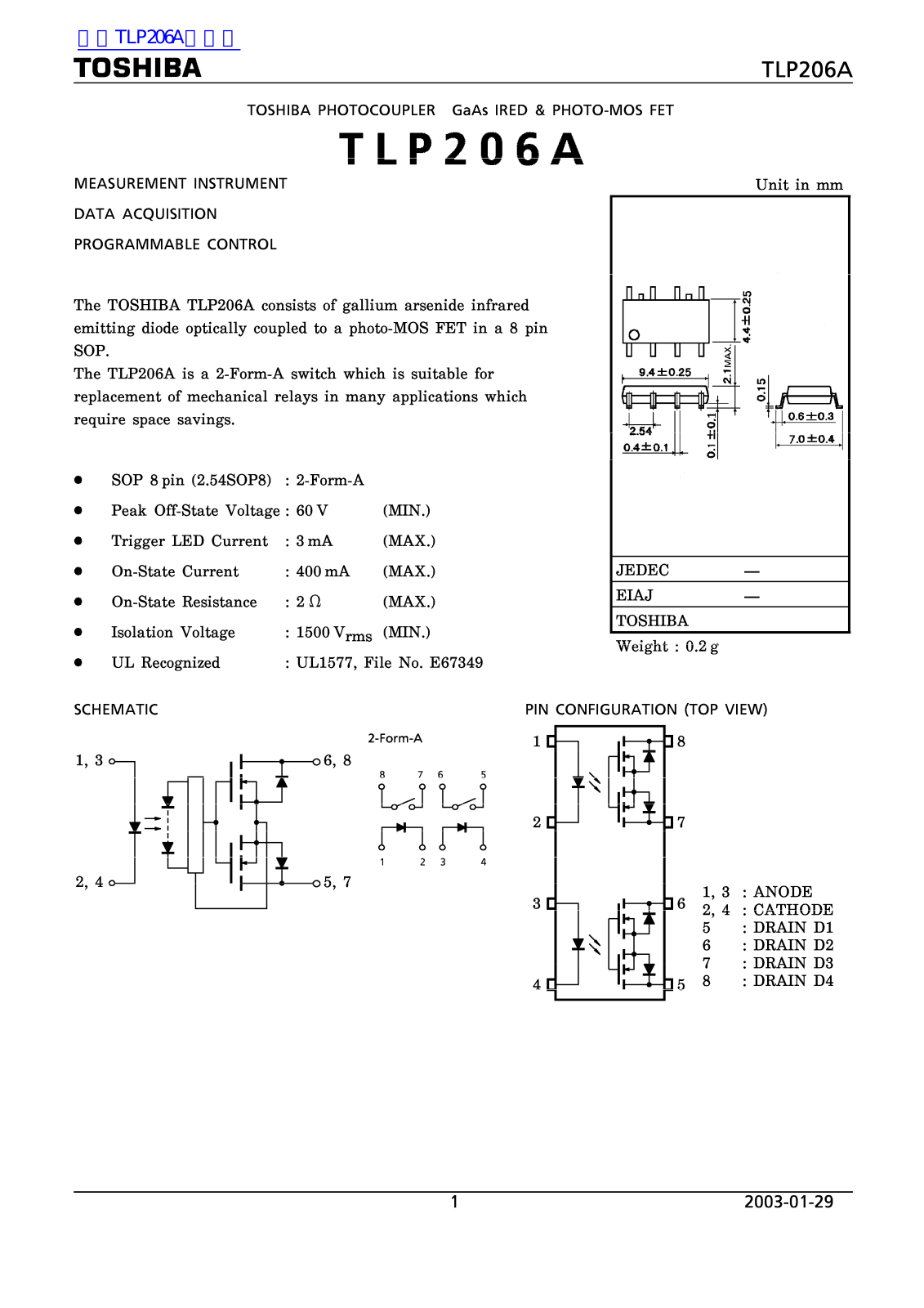 TOSHIBA TLP206A Technical data