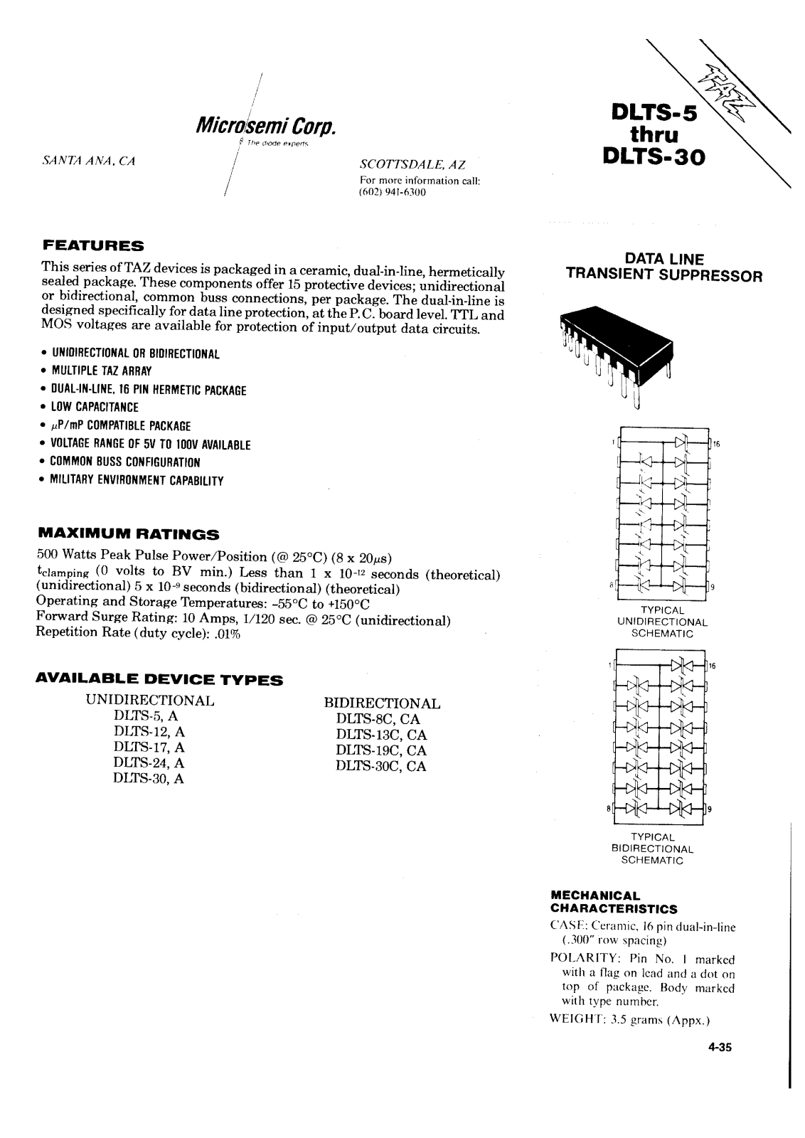 Microsemi Corporation DLTS8CA, DLTS8C, DLTS5A, DLTS5, DLTS30CA Datasheet