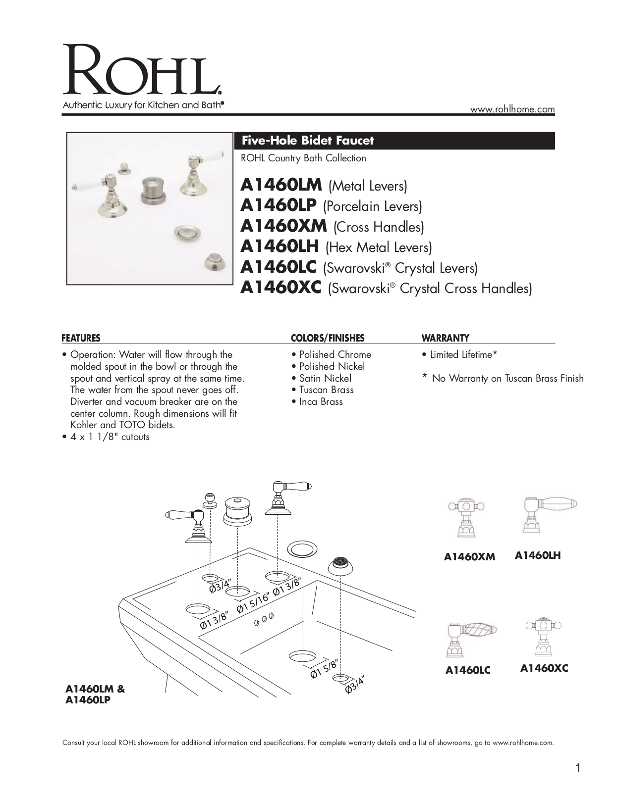 Rohl A1460LMPN, A1460XMTCB, A1460XCTCB, A1460LCTCB, A1460LPAPC Specifications - ManualMachine.com