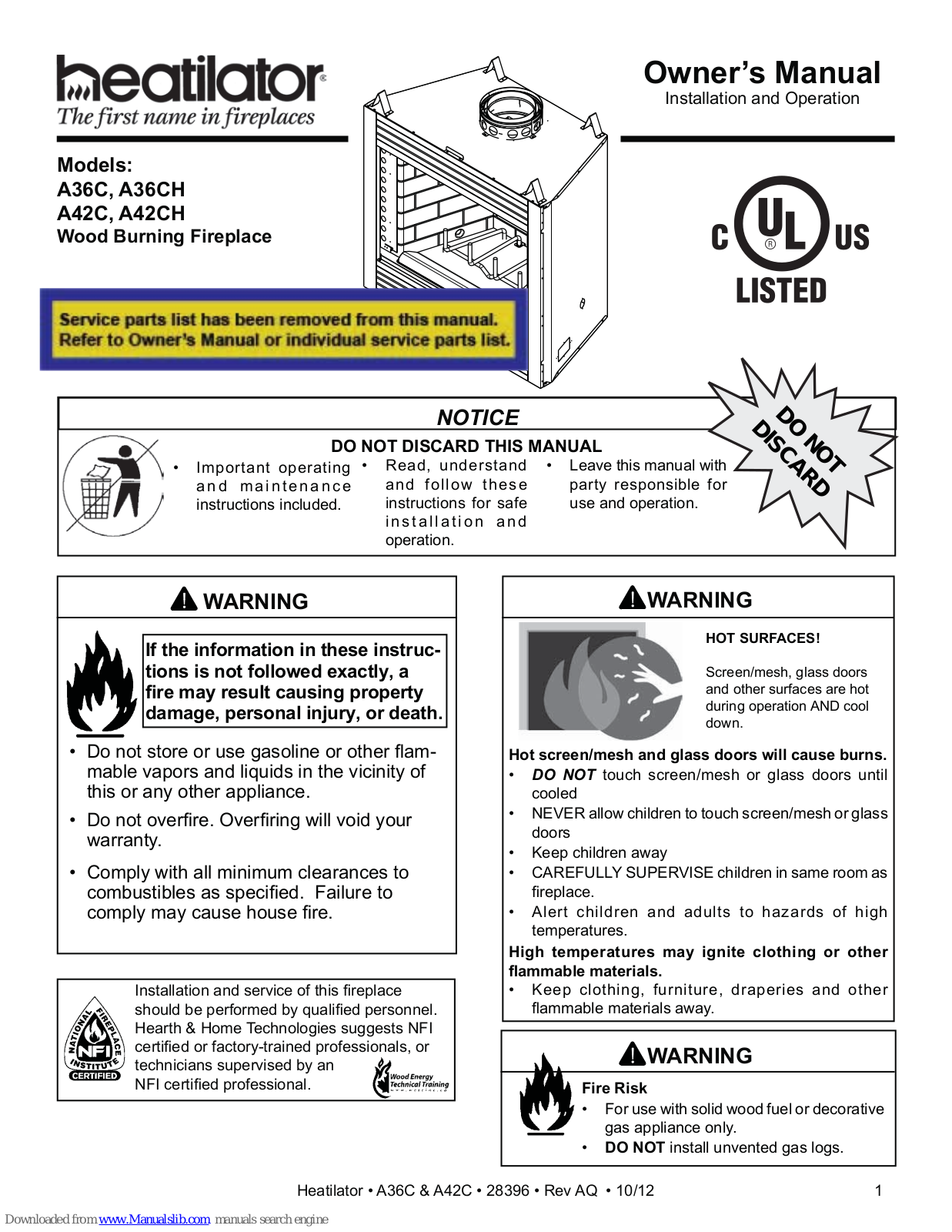 Heatilator A36C, A36CH, A42C, A42CH Owner's Manual