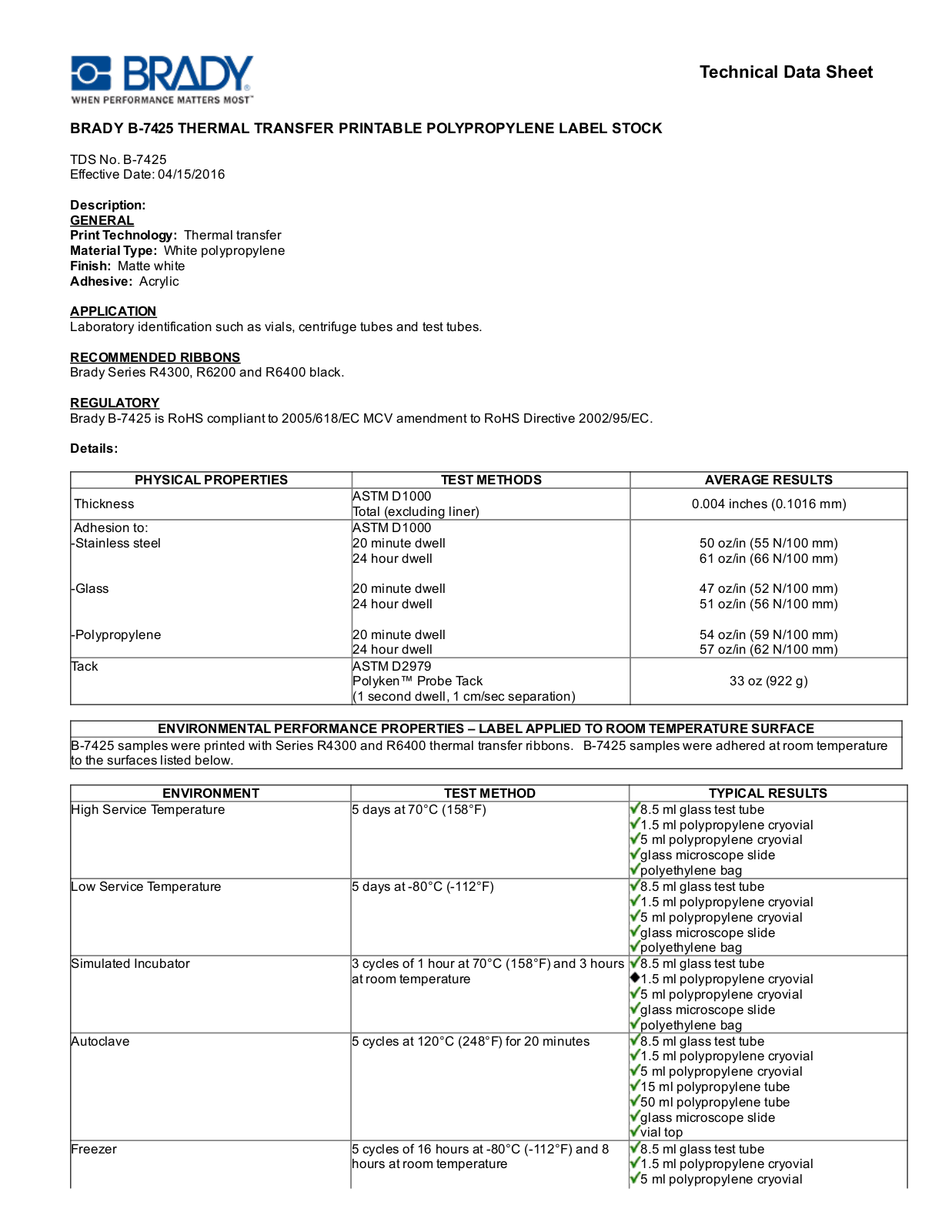 Brady B­7425 Technical Data