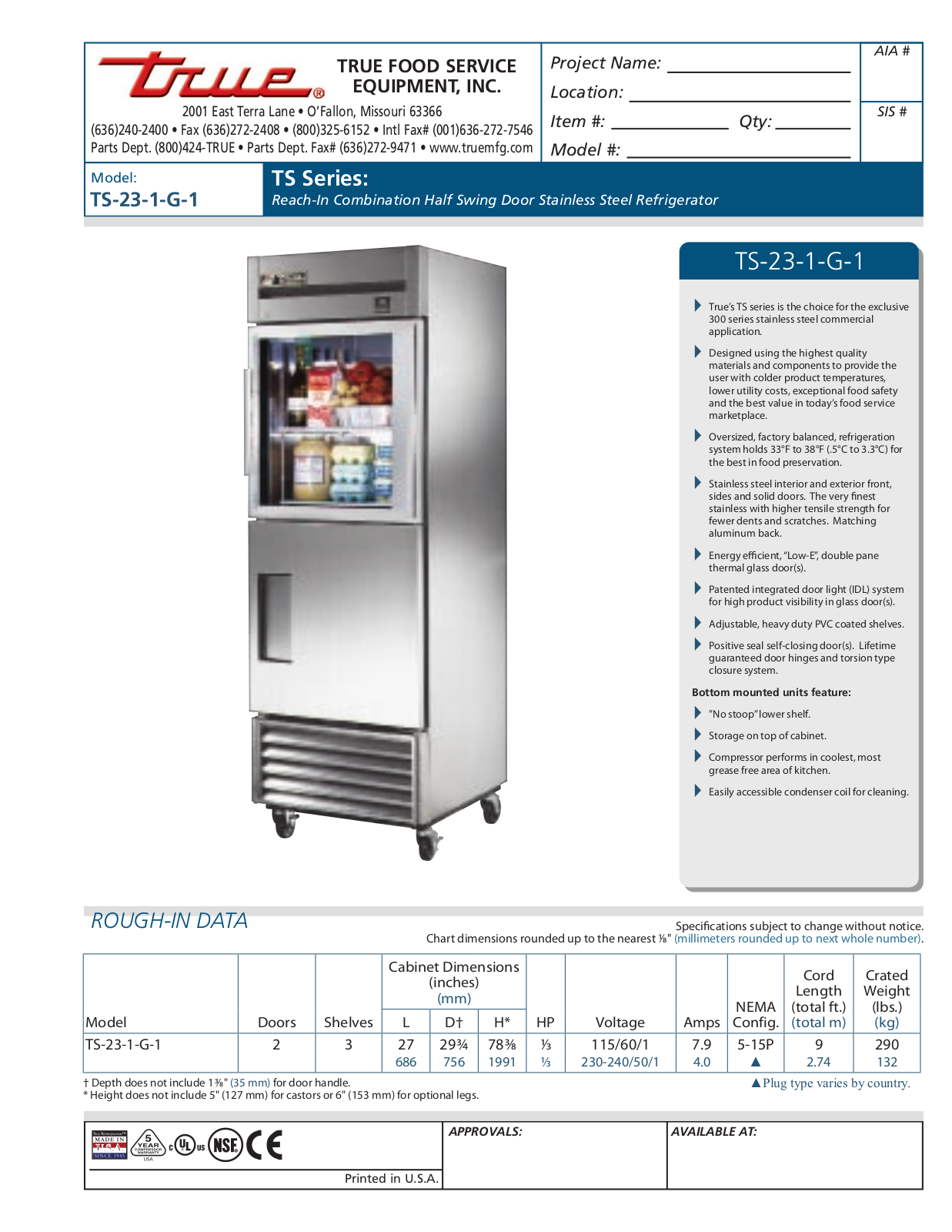 True TS-23-1-G-1 Specifications