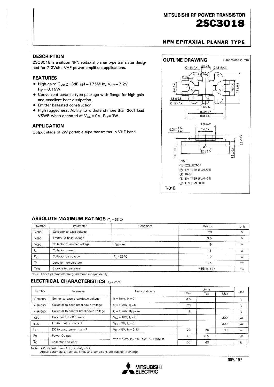 Mitsubishi Electric Corporation Semiconductor Group 2SC3018 Datasheet