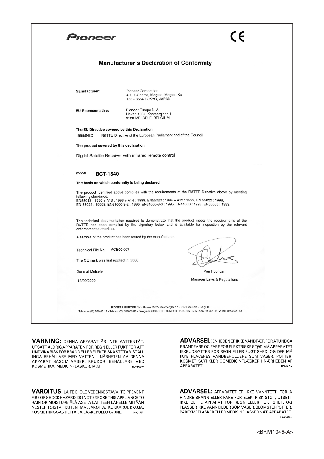 Pioneer BCT-1540 User Manual