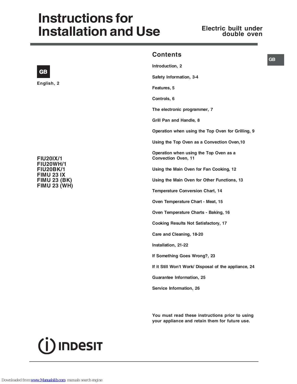 Indesit FIU20WH/1, FIMU 23 (WH), FIMU 23 IX, FIU20IX/1, FIU20BK/1 Instructions For Installation And Use Manual