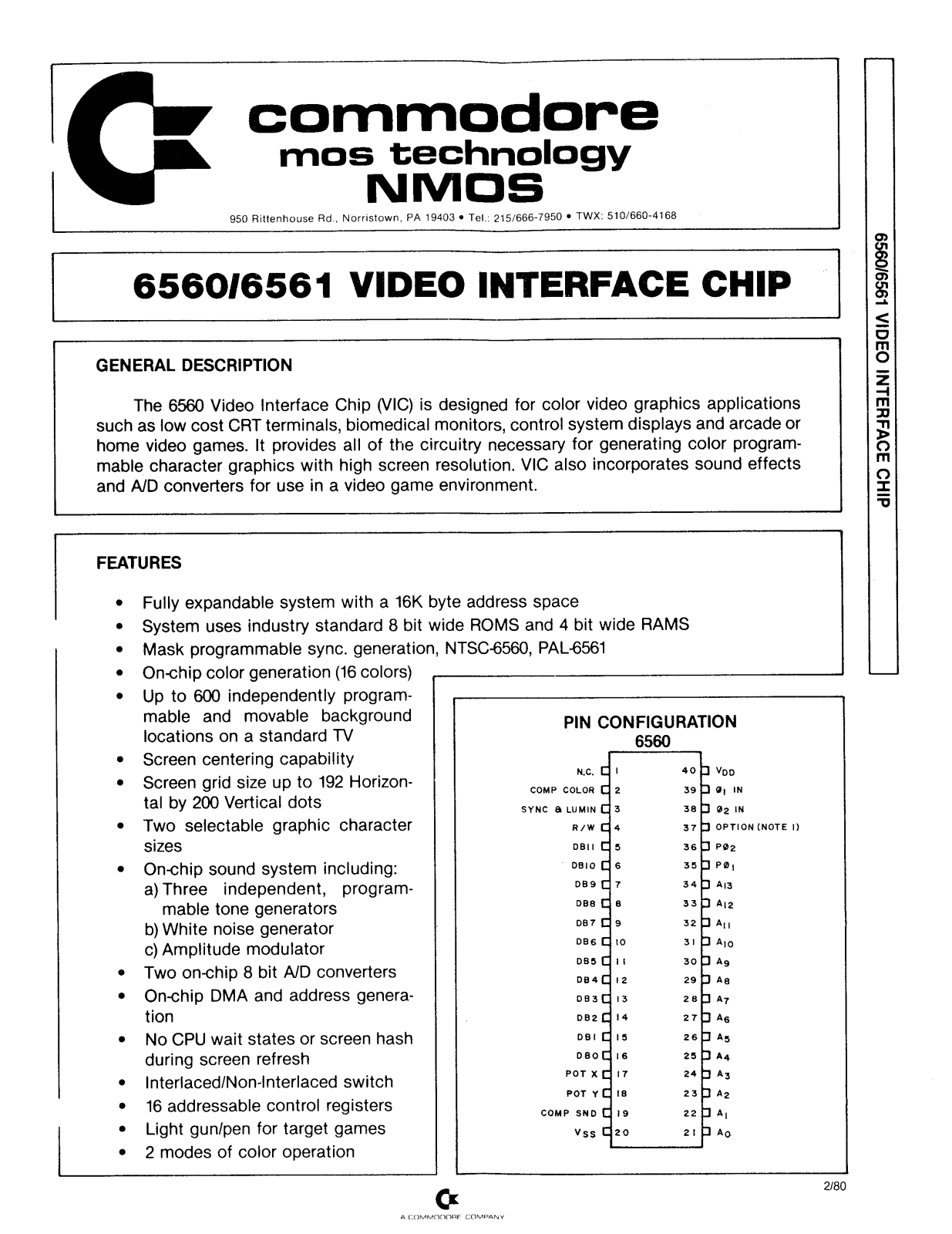 Commodore MOS 6560 Datasheet
