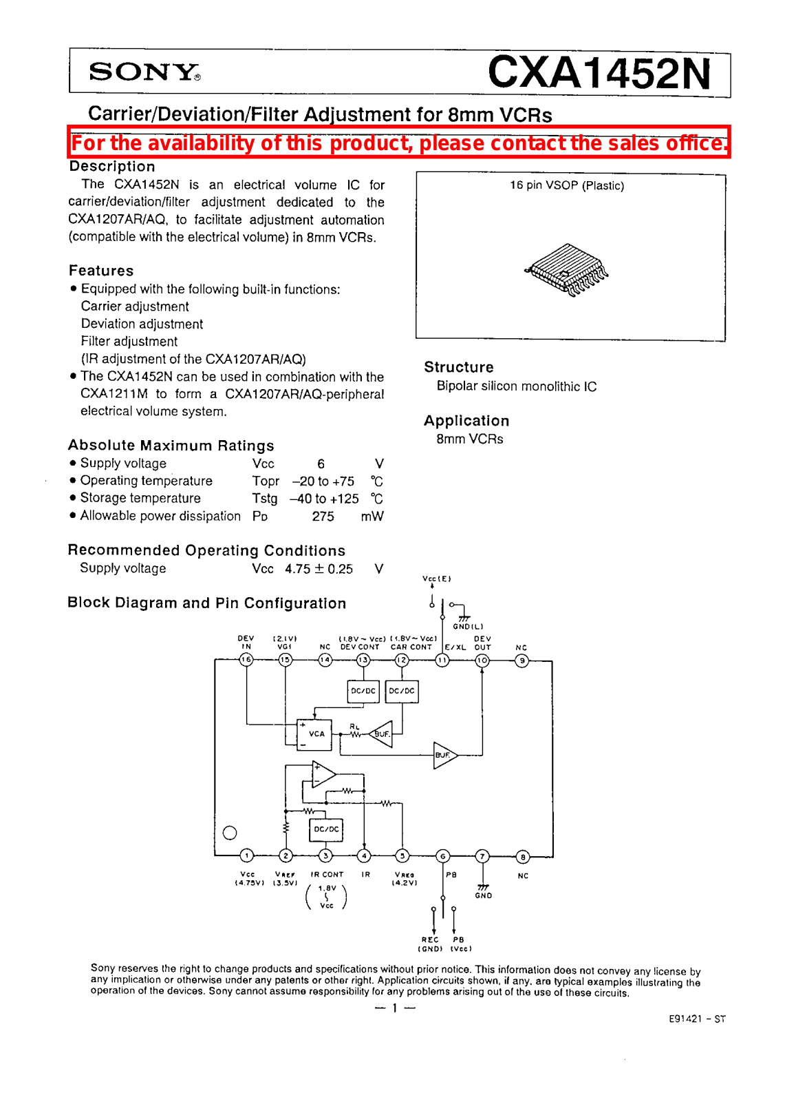 Sony CXA1452N Datasheet