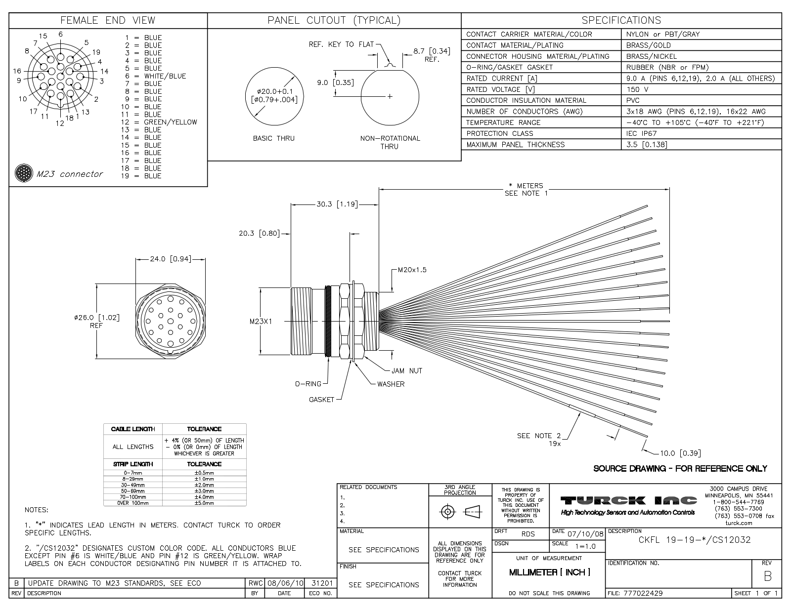 Turck CKFL19-19-2/CS12032 Specification Sheet