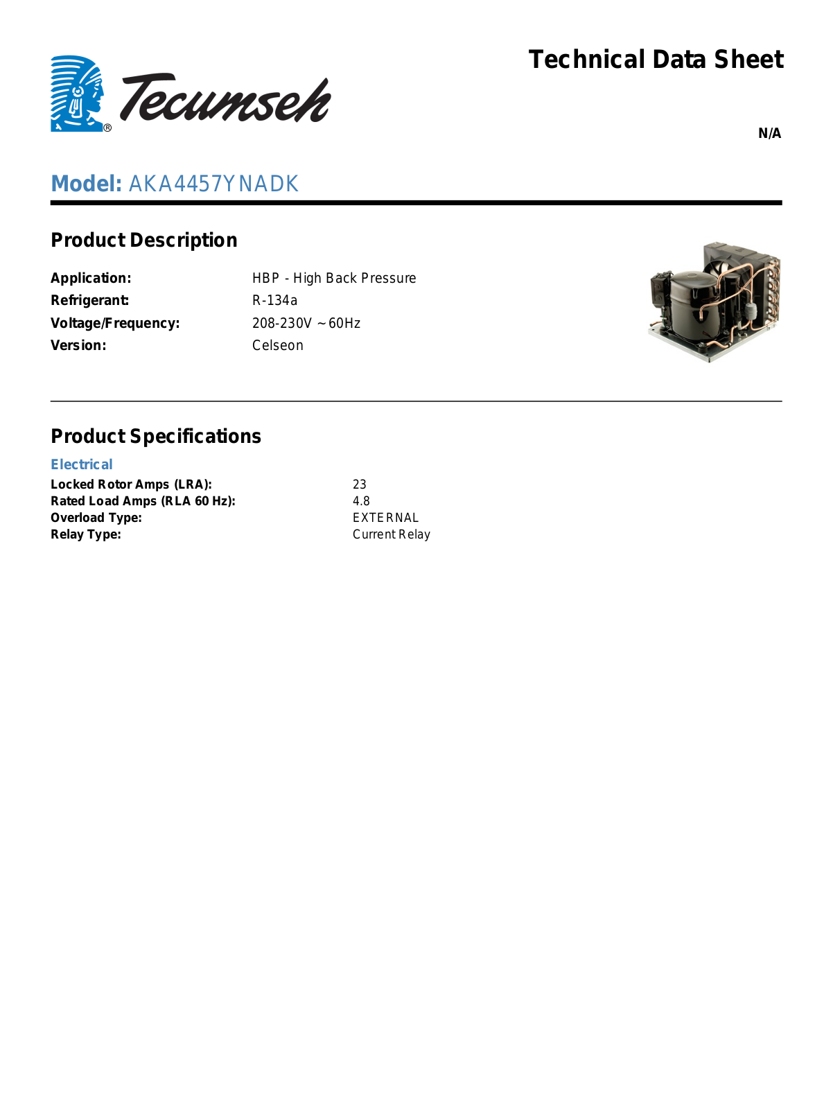 Tecumseh AKA4457YNADK Technical Data Sheet