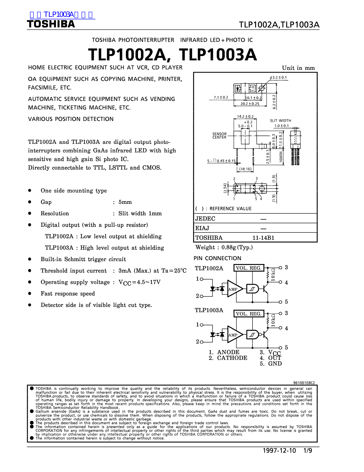 TOSHIBA TLP1002A, TLP1003A User Manual