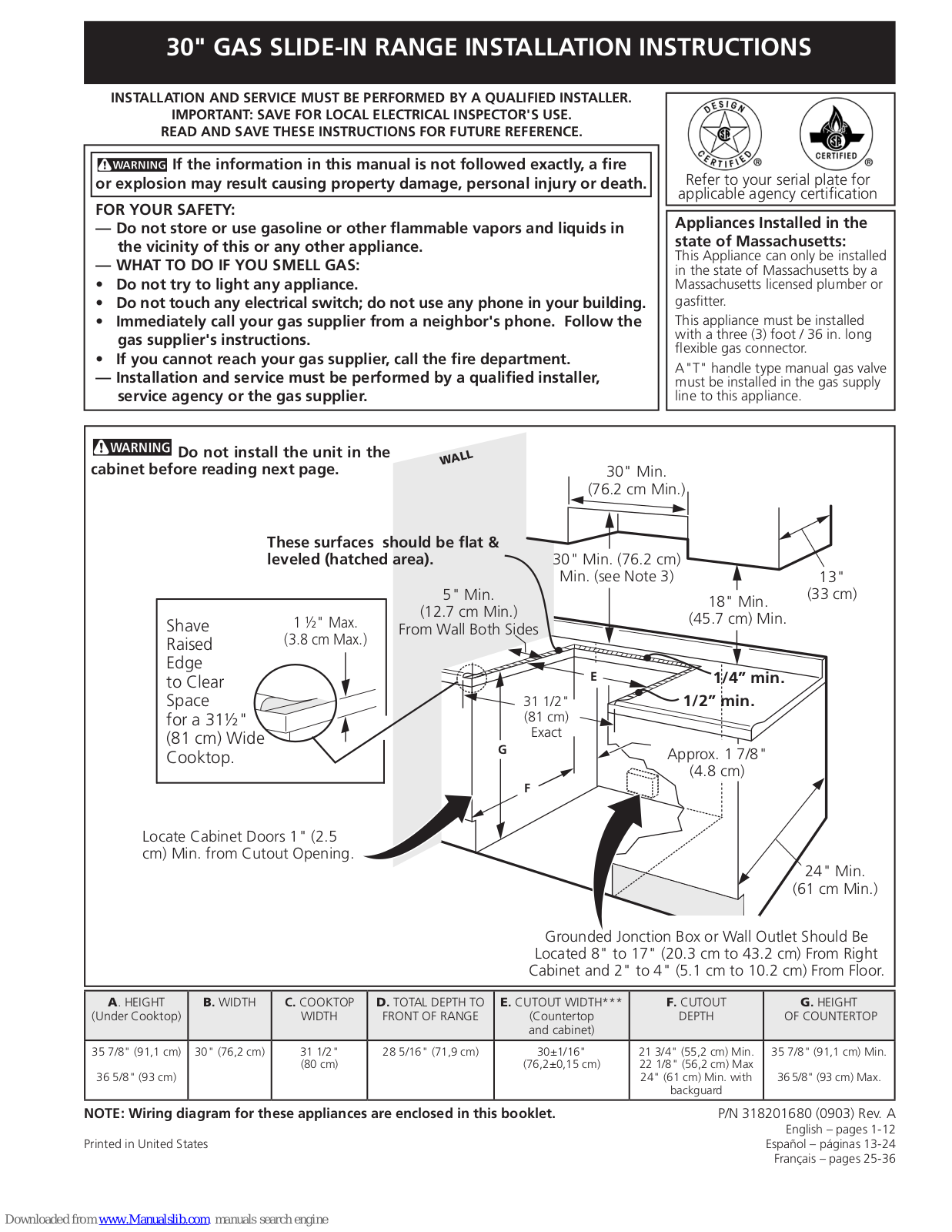 Frigidaire FGGS3075K, FGGS3065K Installation Instructions Manual