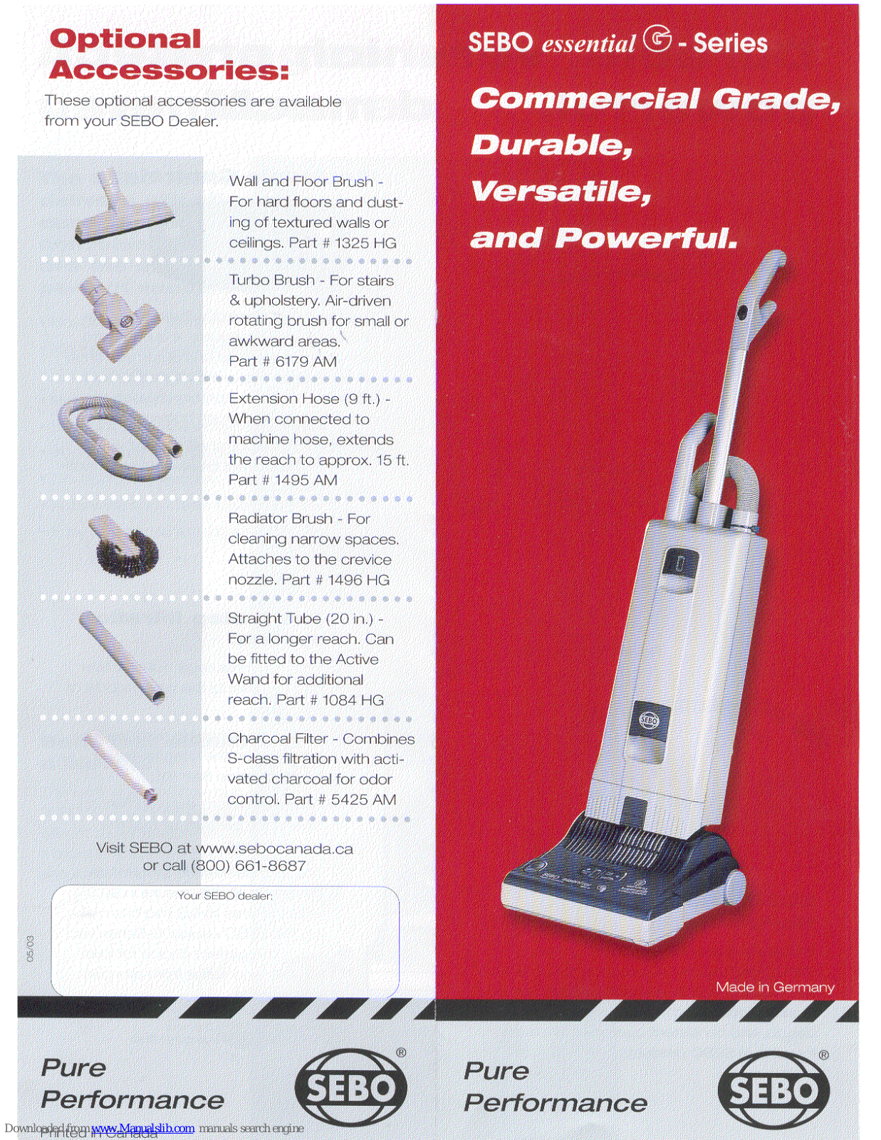 Sebo 9592AT, essential G-Series Technical Data Manual - ManualMachine.com