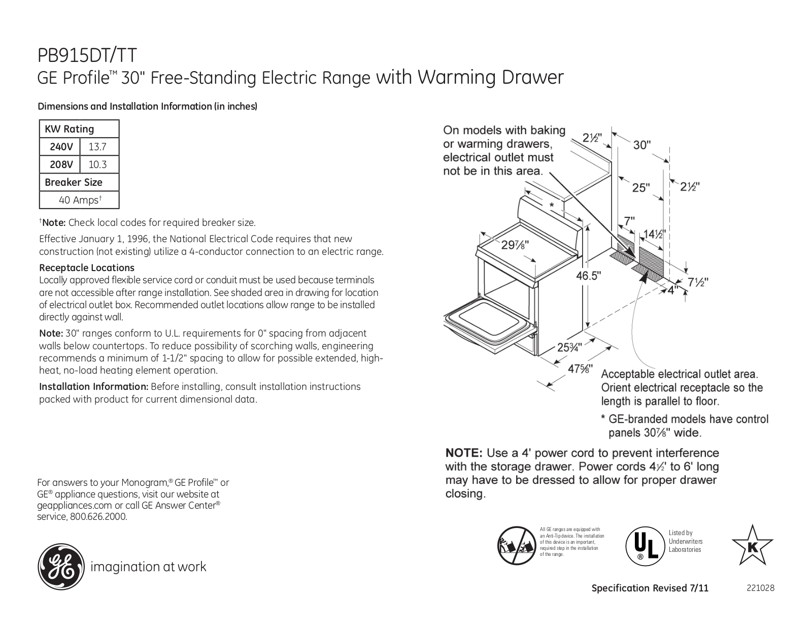 GE PB915DT, PB915TT Specification