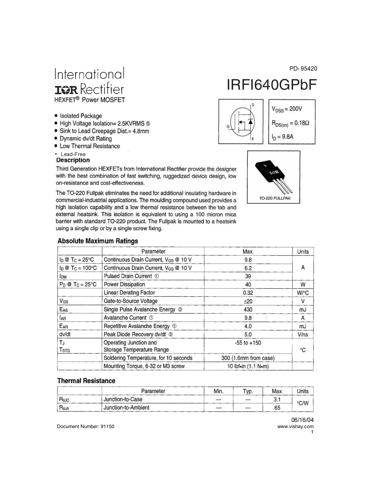 Datasheet irfi640gpbf Datasheet - ManualMachine.com