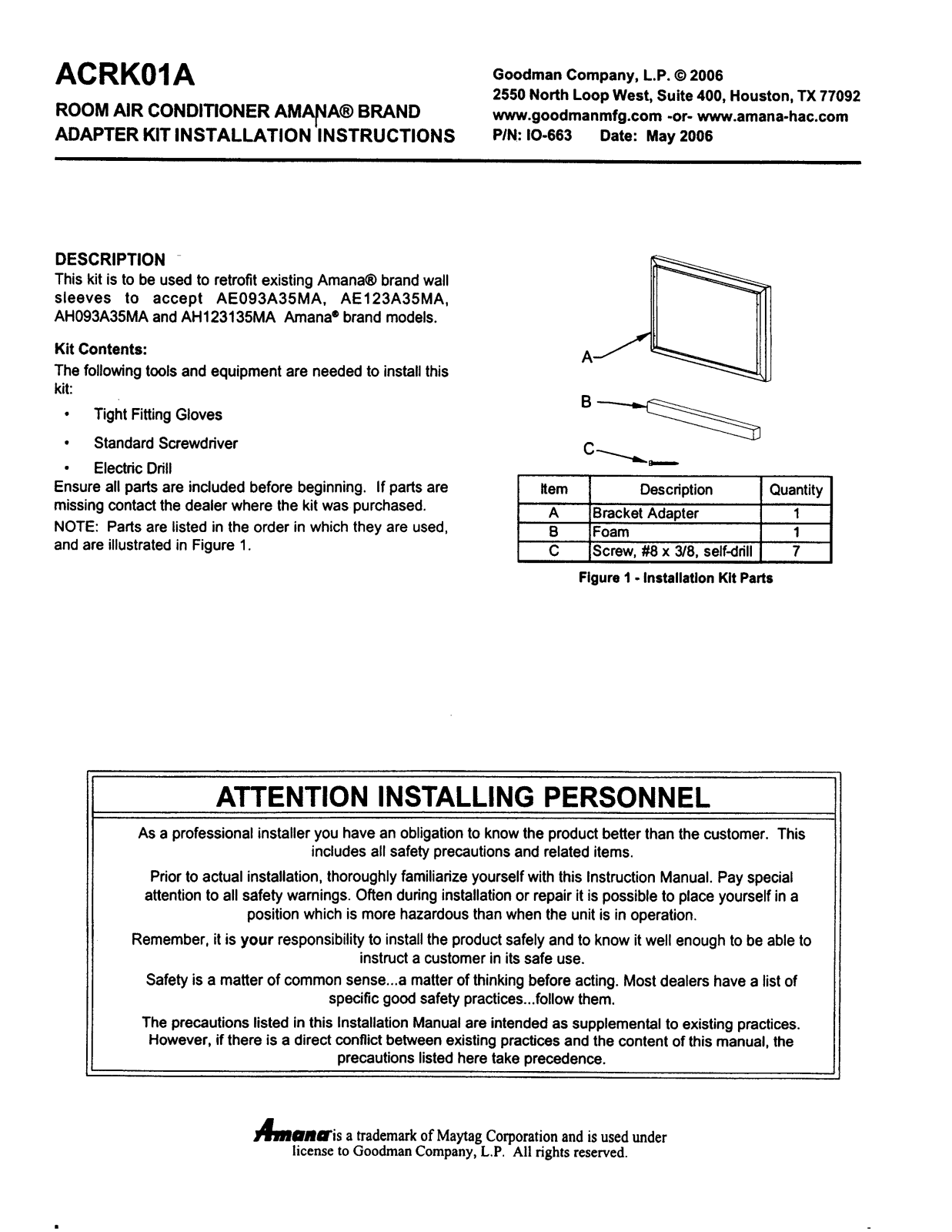 Amana ACRK01A Installation Manual