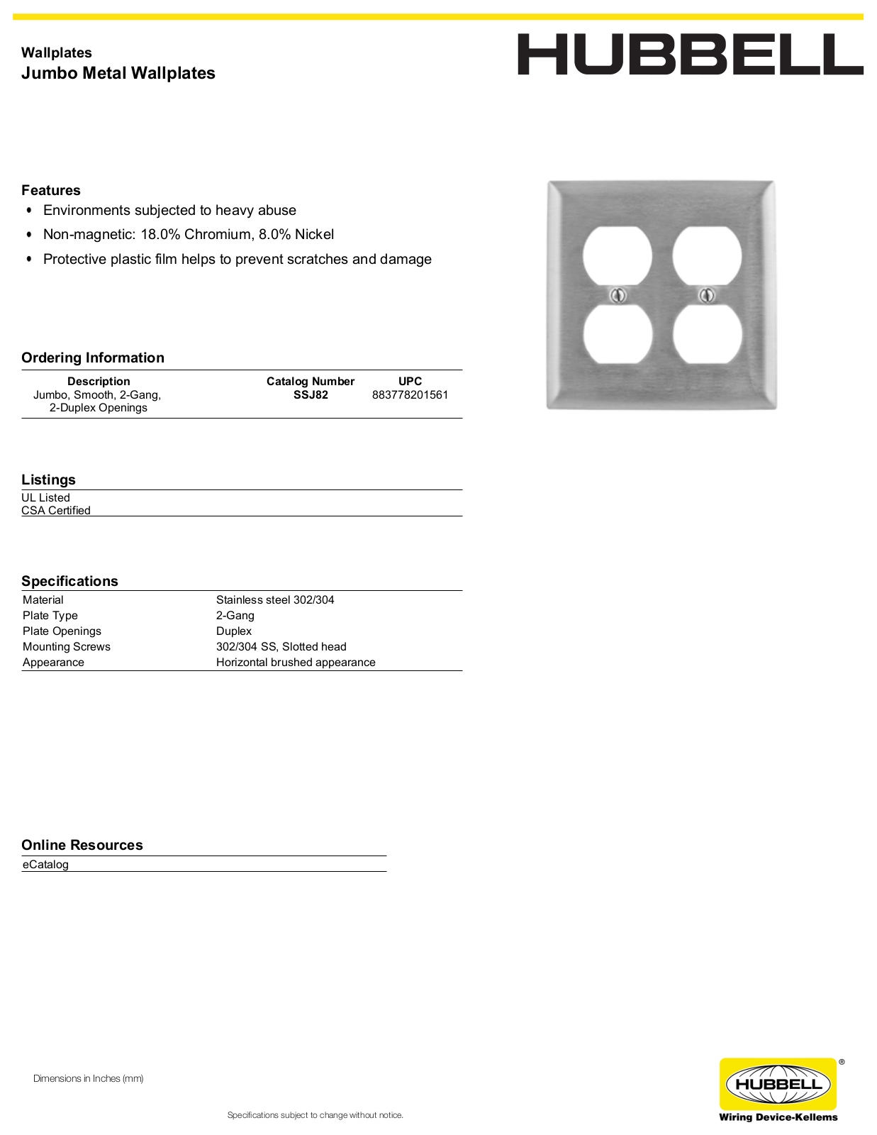 Hubbell SSJ82 Specifications