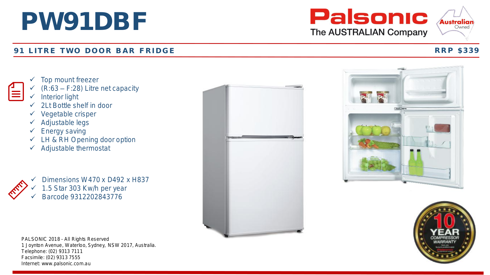 Palsonic PW91DBF Specifications Sheet - ManualMachine.com