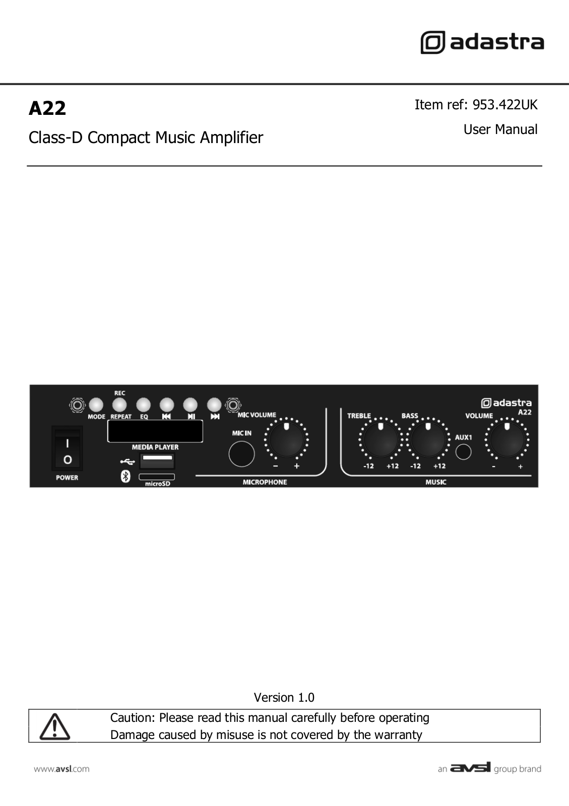 Adastra Class-D Compact Music Amplifier A22 User Manual