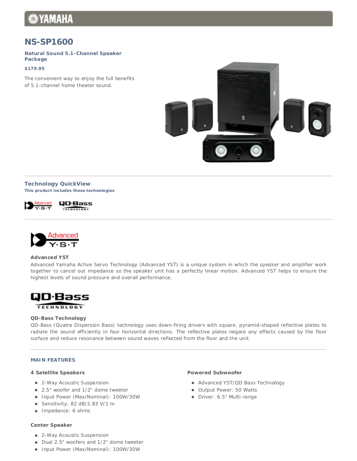 Yamaha NS-SP1600 Specifications