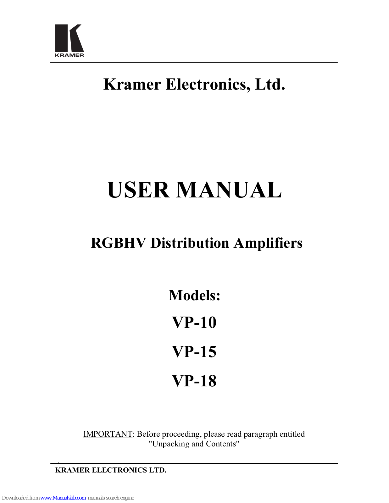 Kramer VP-10, VP-15, VP-18 User Manual