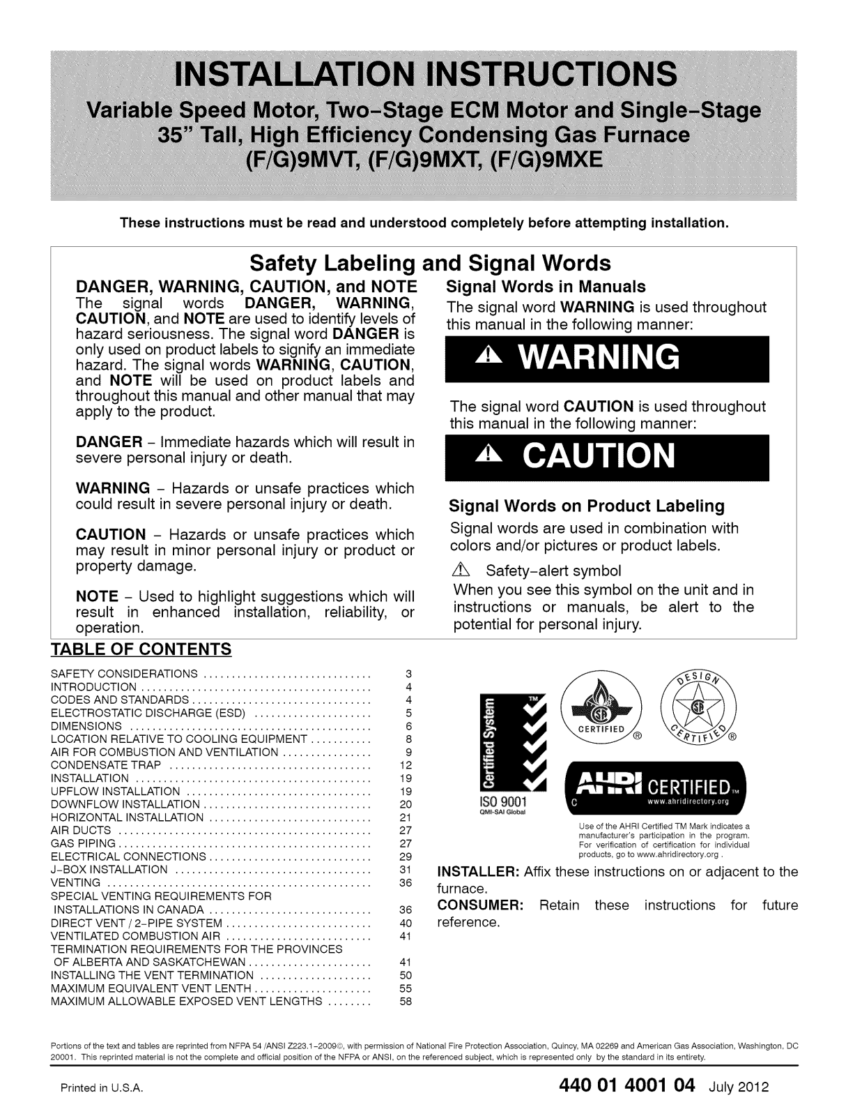 ICP F9MVT0401410A1, F9MVT0601714A1, F9MVT0801716A1, F9MVT0802120A1, F9MVT1002116A1 Installation Guide - ManualMachine.com