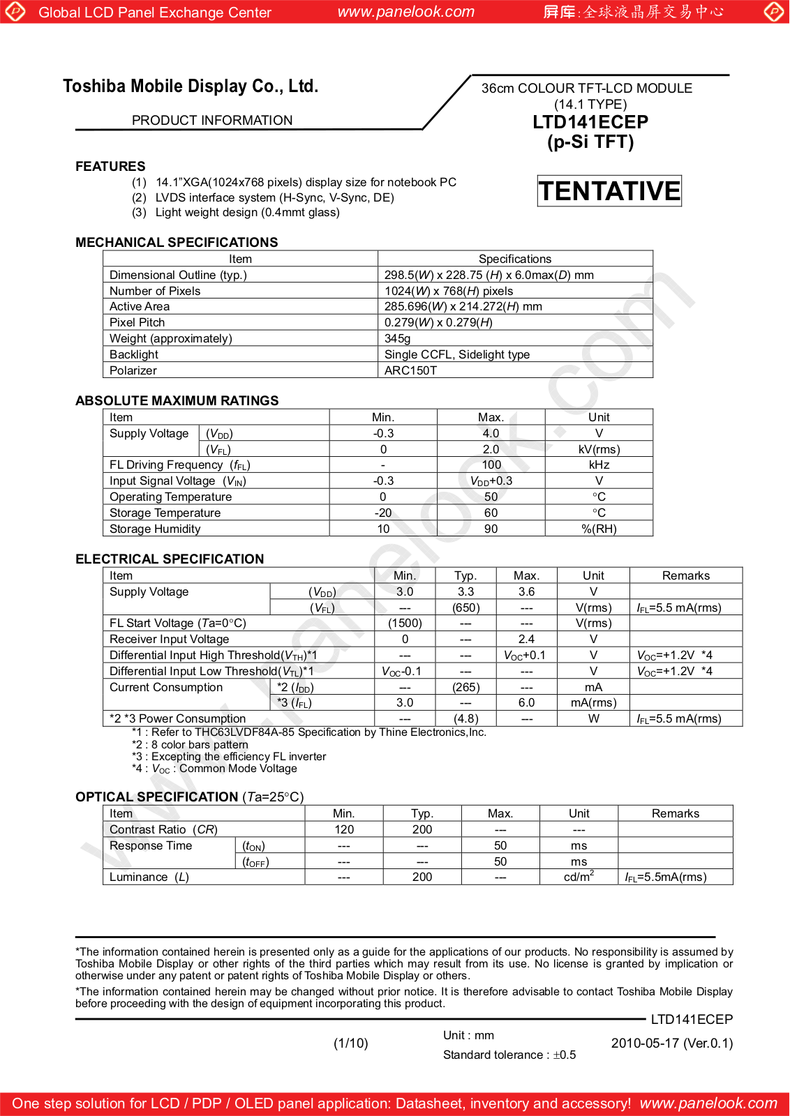 TOSHIBA LTD141ECEP Specification