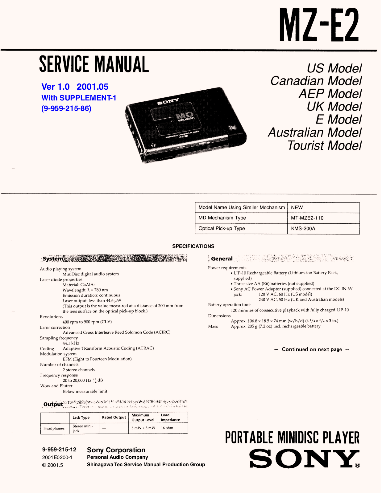 Sony MZE-2 Service manual