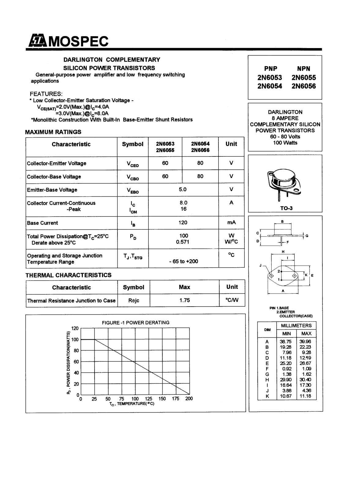 MOSPEC 2N6056, 2N6055, 2N6054, 2N6053 Datasheet