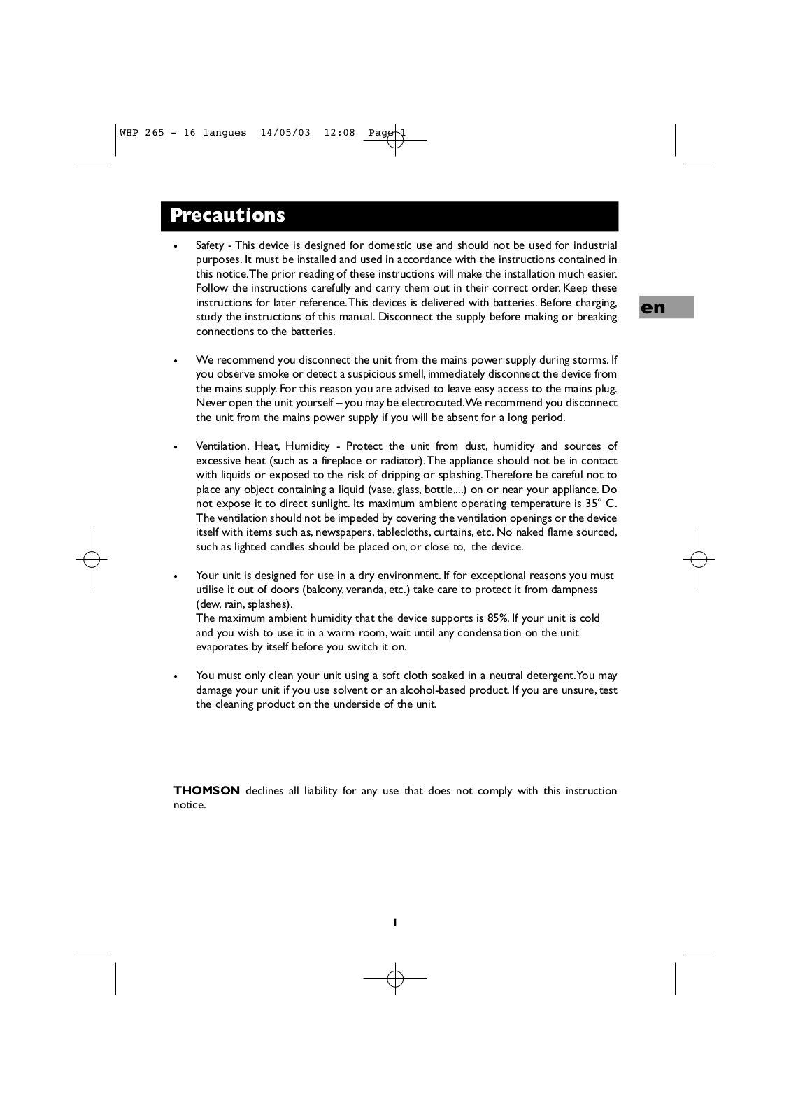 THOMSON WHP265 User Manual