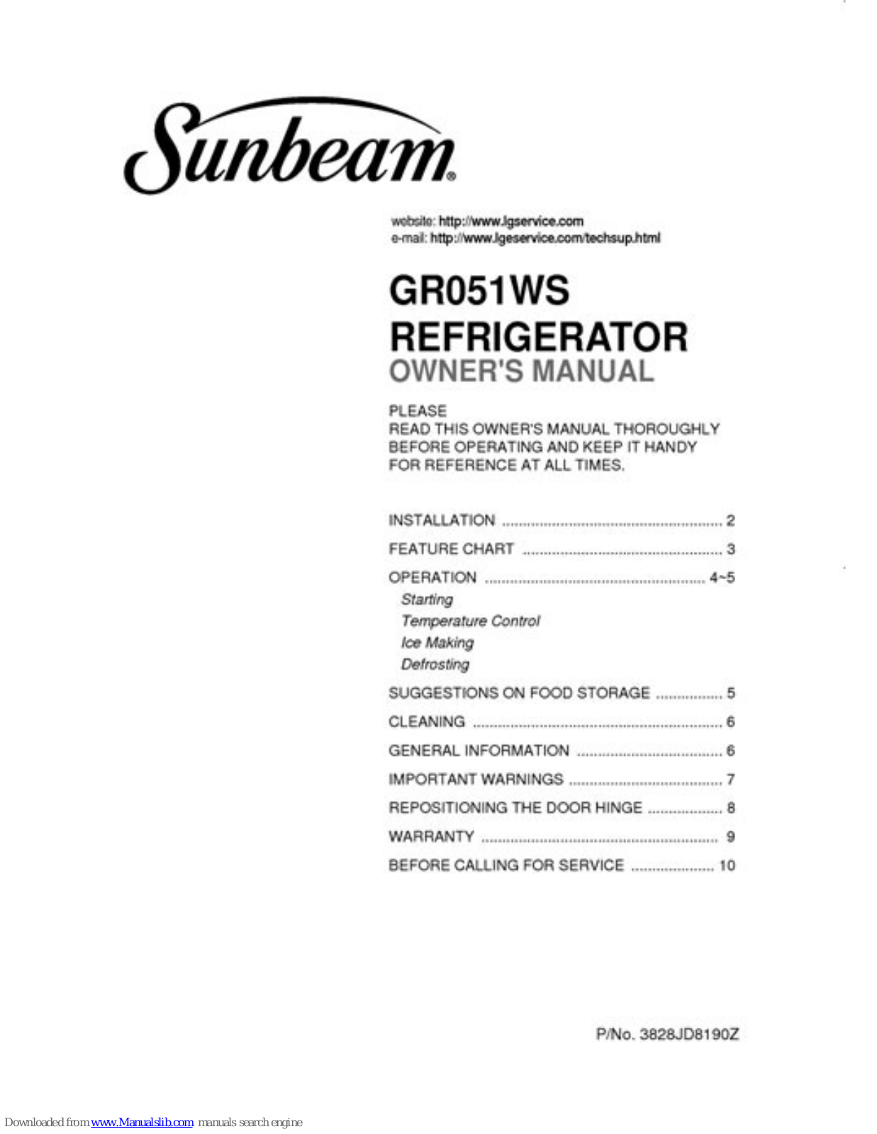 Sunbeam GR051WS Owner's Manual