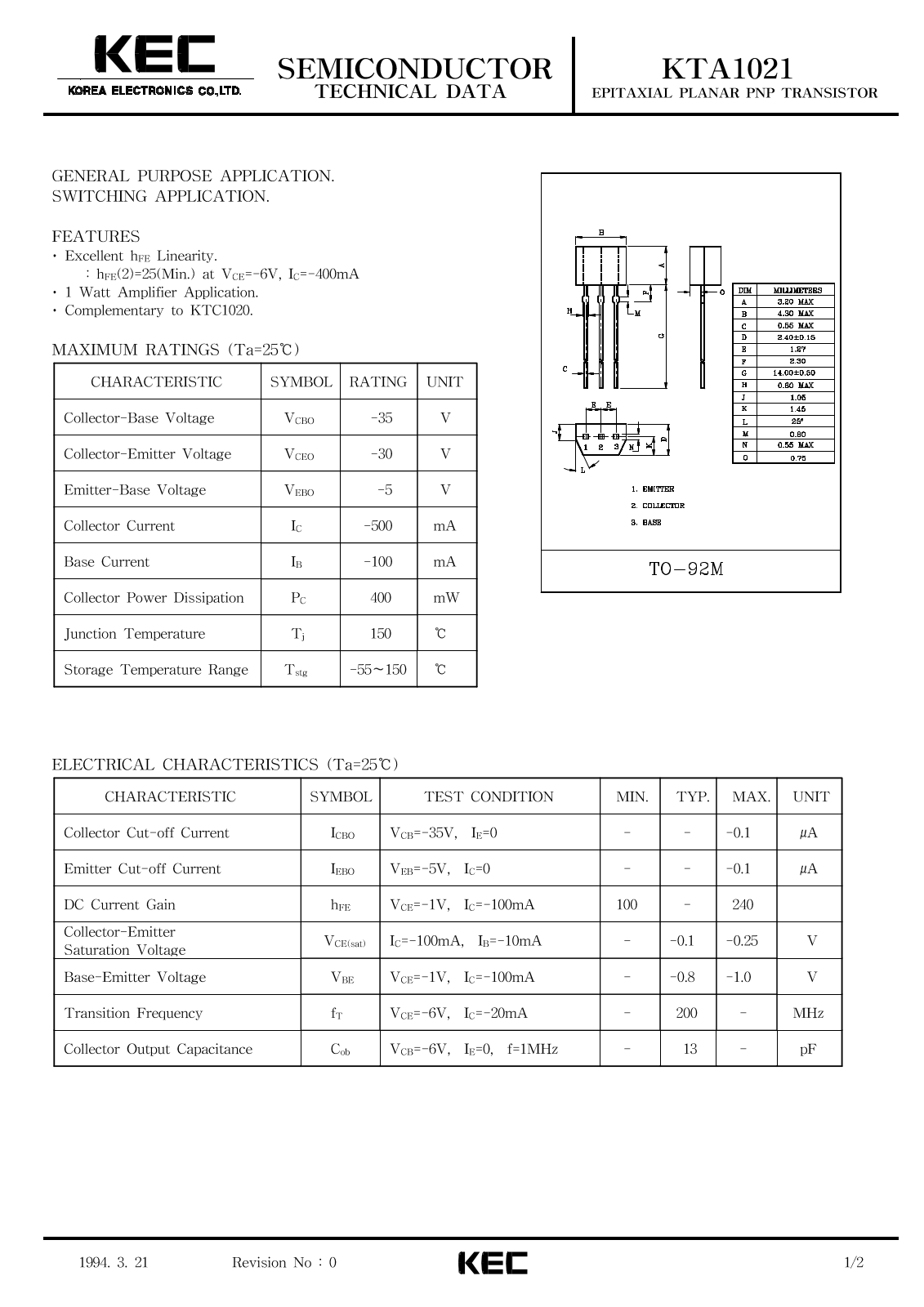 KEC KTA1021 Datasheet