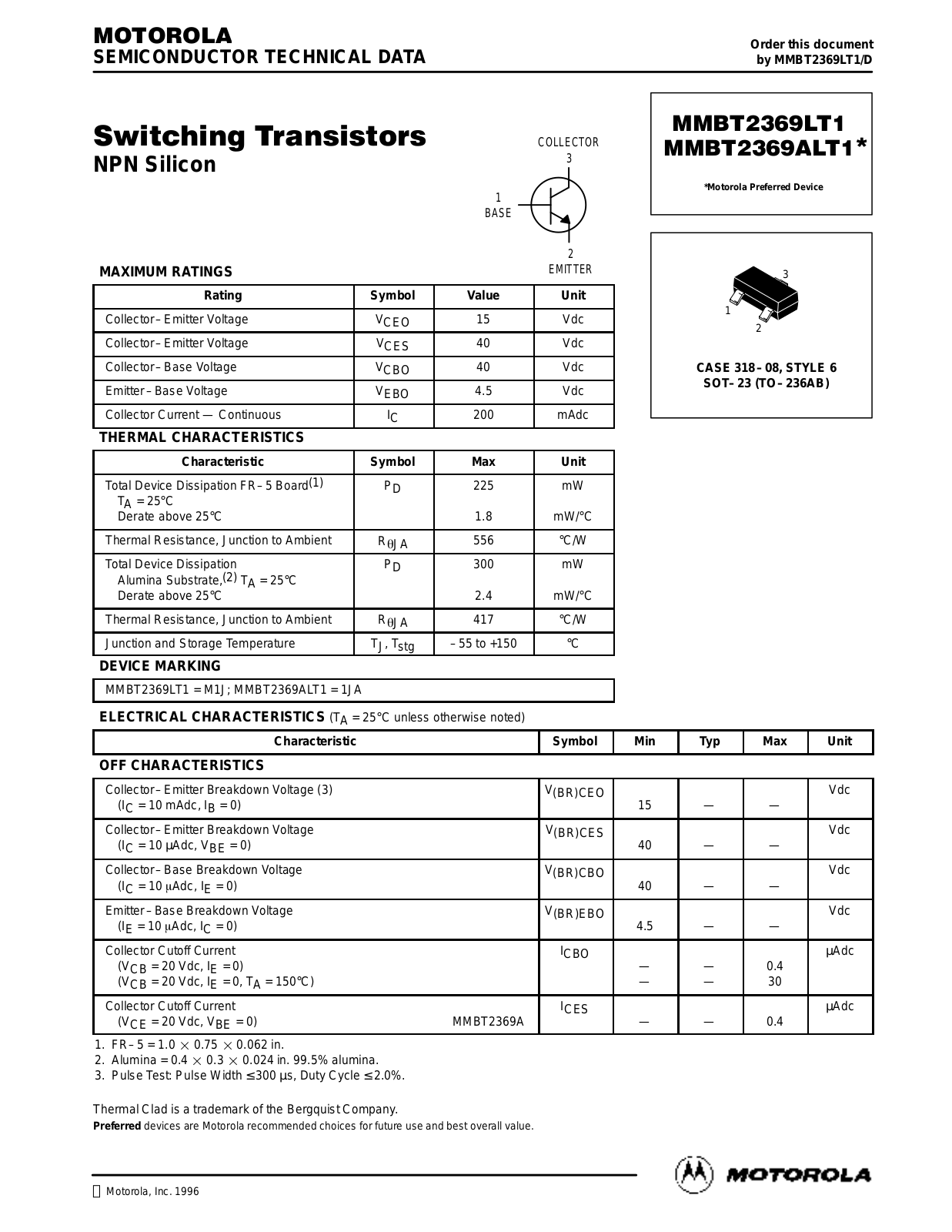 Motorola MMBT2369LT1 Datasheet