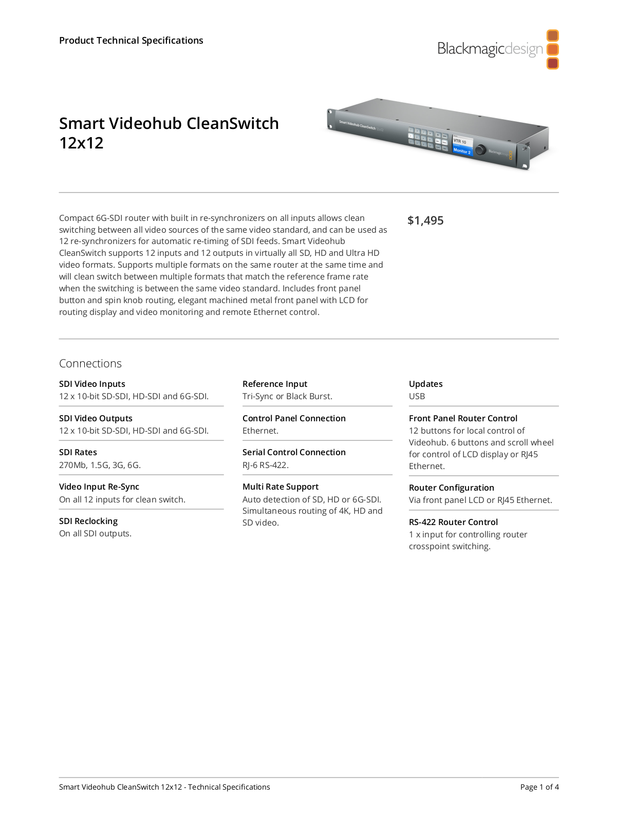 Blackmagic Design Smart Videohub CleanSwitch 12x12 Specifications