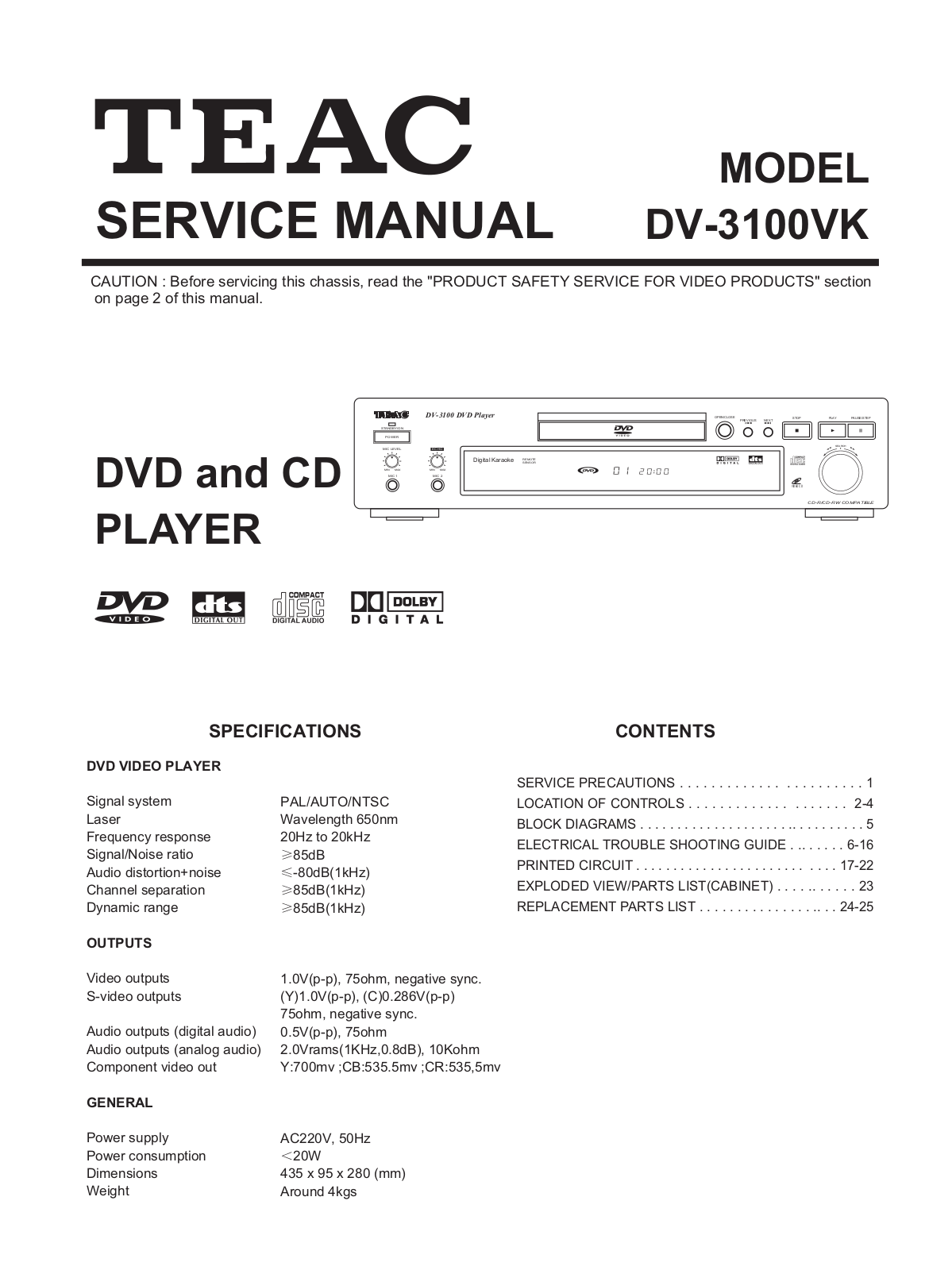 TEAC DV-3100-VK Service manual