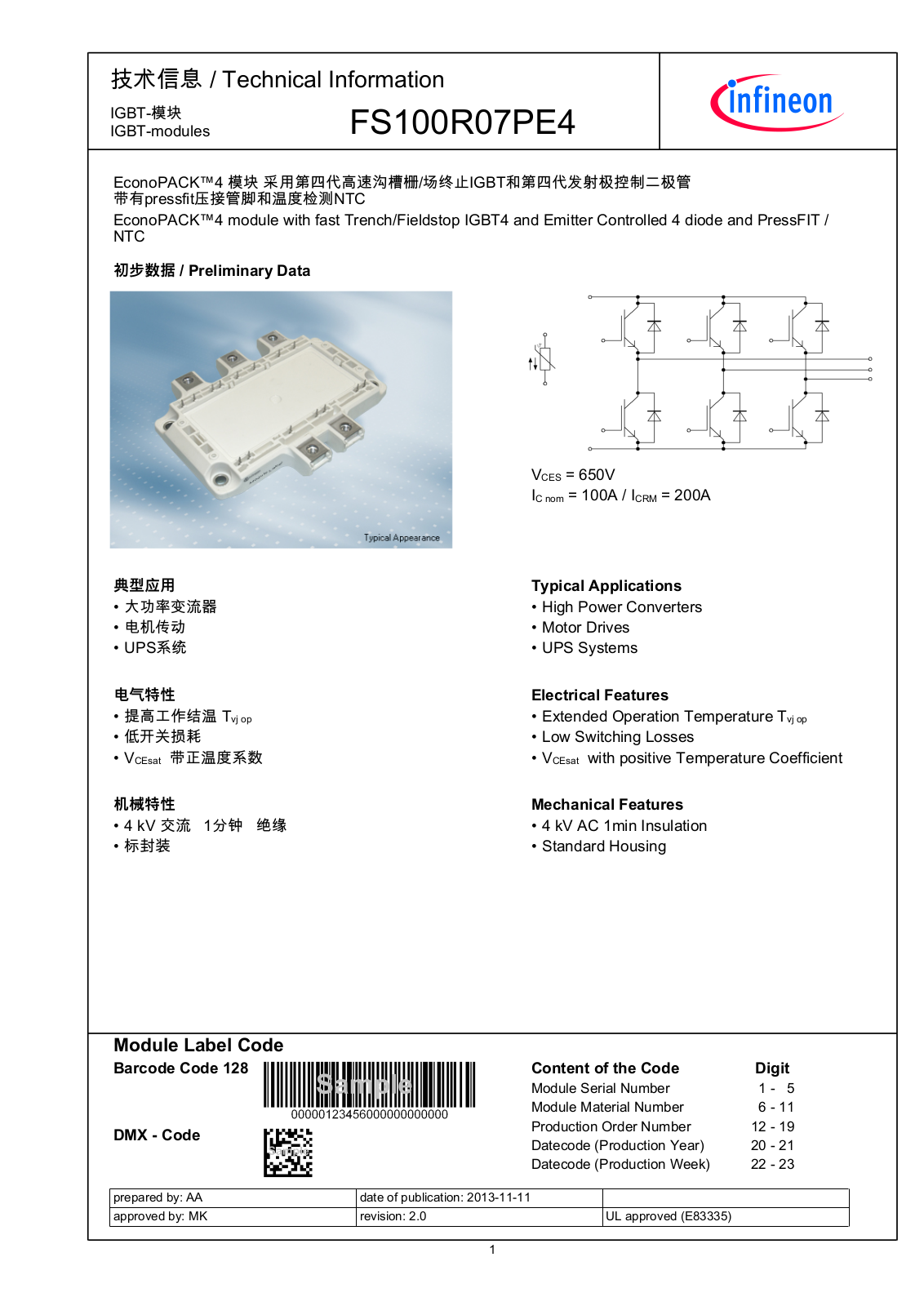 Infineon FS100R07PE4 Data Sheet