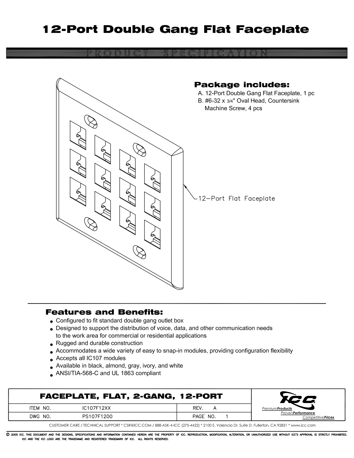 ICC IC107F12AL, IC107F12BK, IC107F12GY, IC107F12IV, IC107F12WH Specsheet