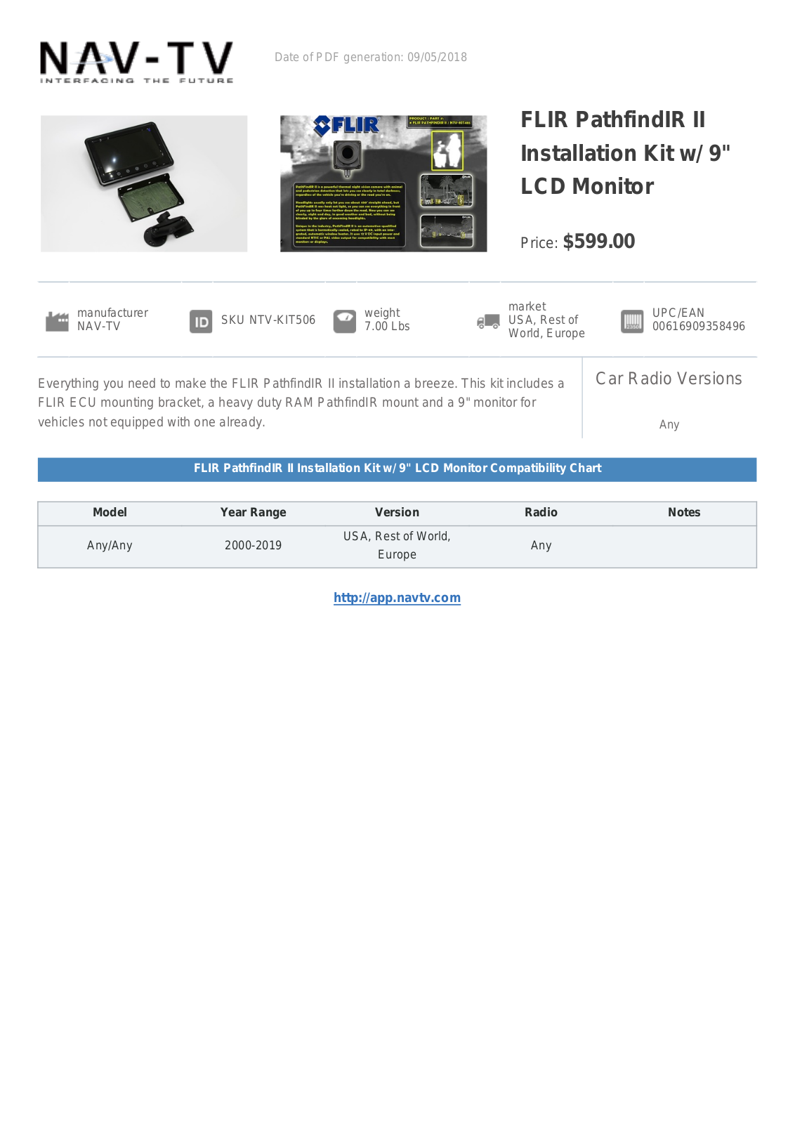 NAV-TV FLIR PathfindIR II Specifications