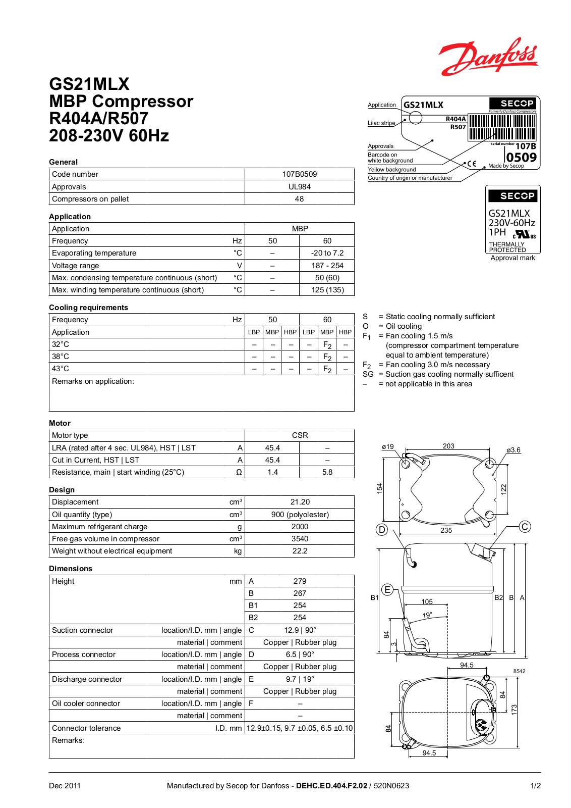 Danfoss GS21MLX, GS21 MBP Data sheet