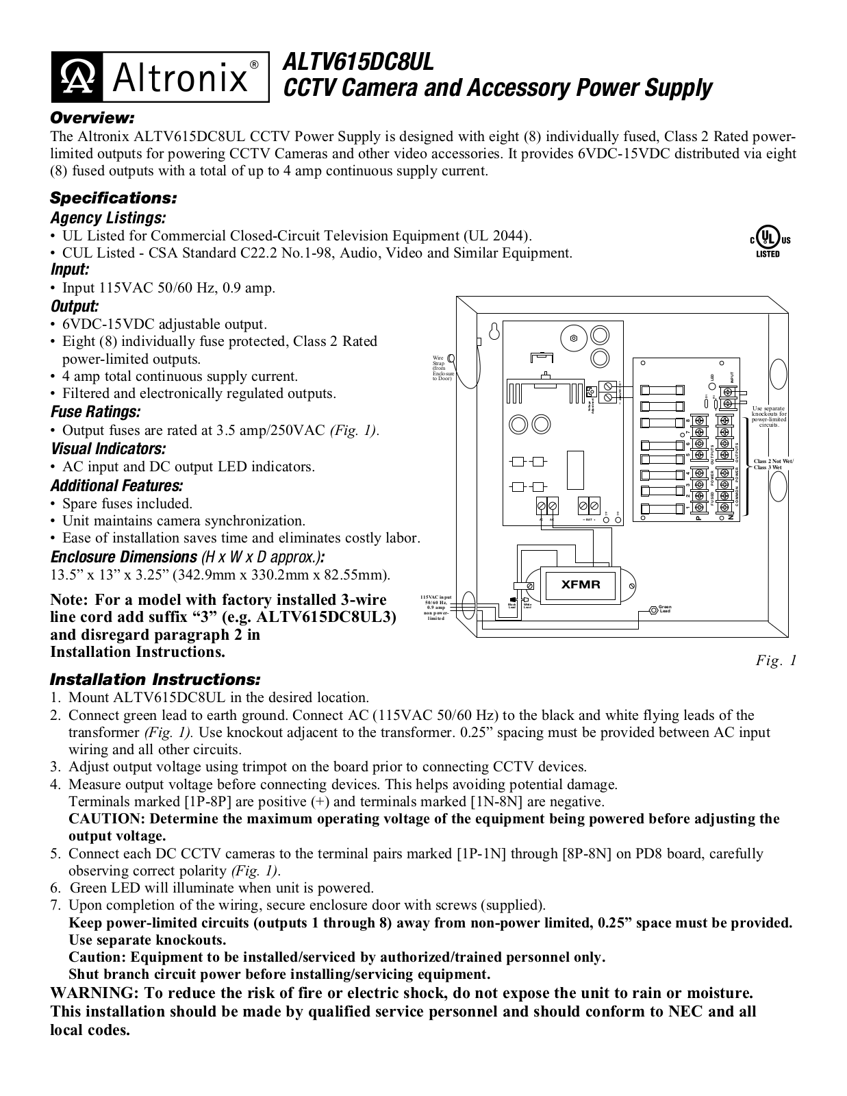 Altronix ALTV615DC8UL Installation Guide