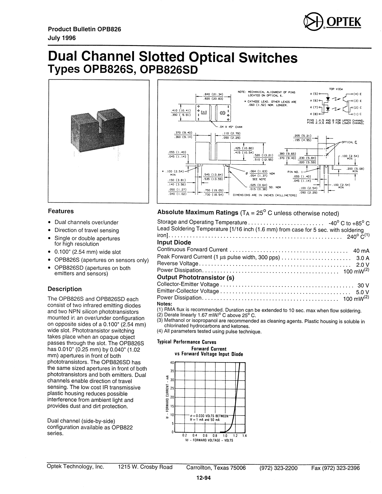 OPTEK OPB826S, OPB826SD Datasheet