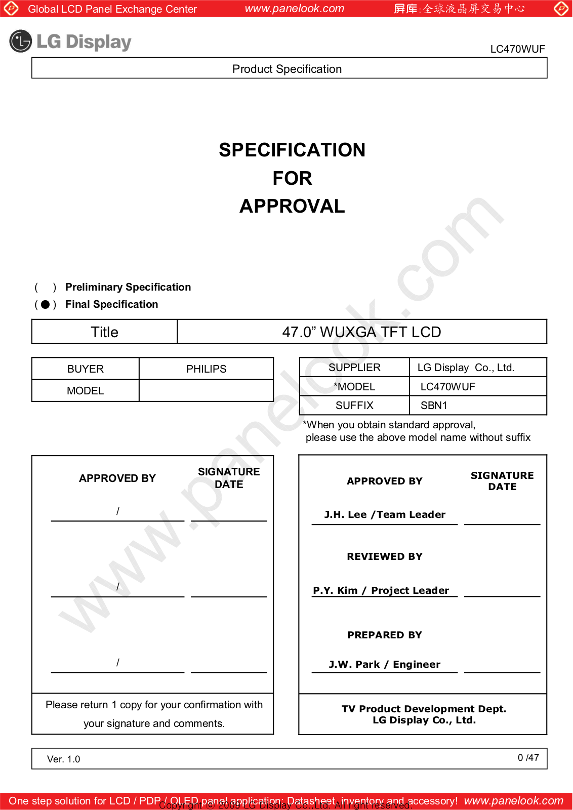 LG Display LC470WUF-SBN1 Specification