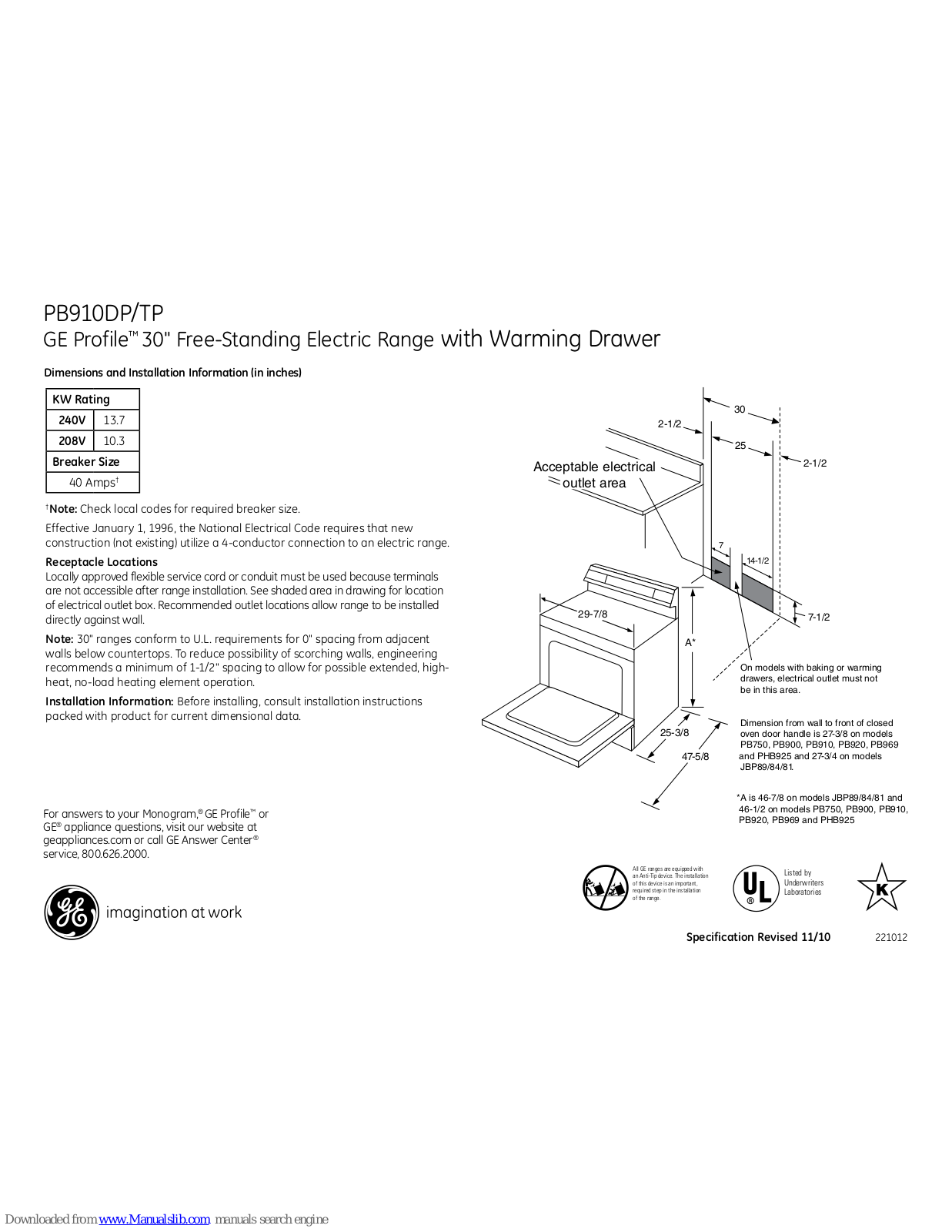 GE PB910DPBB - Profile 30 in. Electric Range, PB910TPWW - Profile 30 in. Electric Range, Profile PB910DP, Profile PB910TP Dimensions And Installation Information